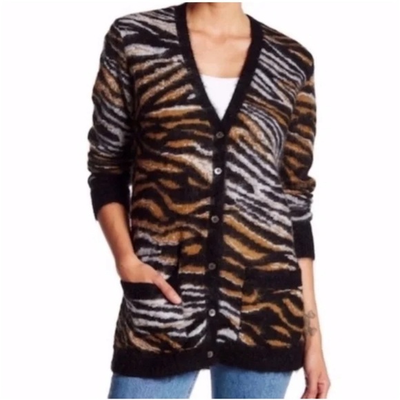 Equipment Sweaters - Equipment Femme Ella Jaquard Knit Animal Print Tiger Cardigan Mohair Wool SZ M